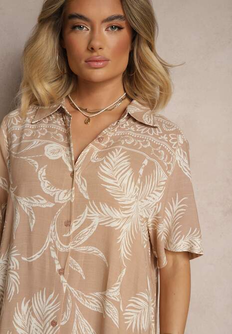 Beżowa Sukienka o Koszulowym Fasonie w Kwiaty z Wiskozy Erathia
