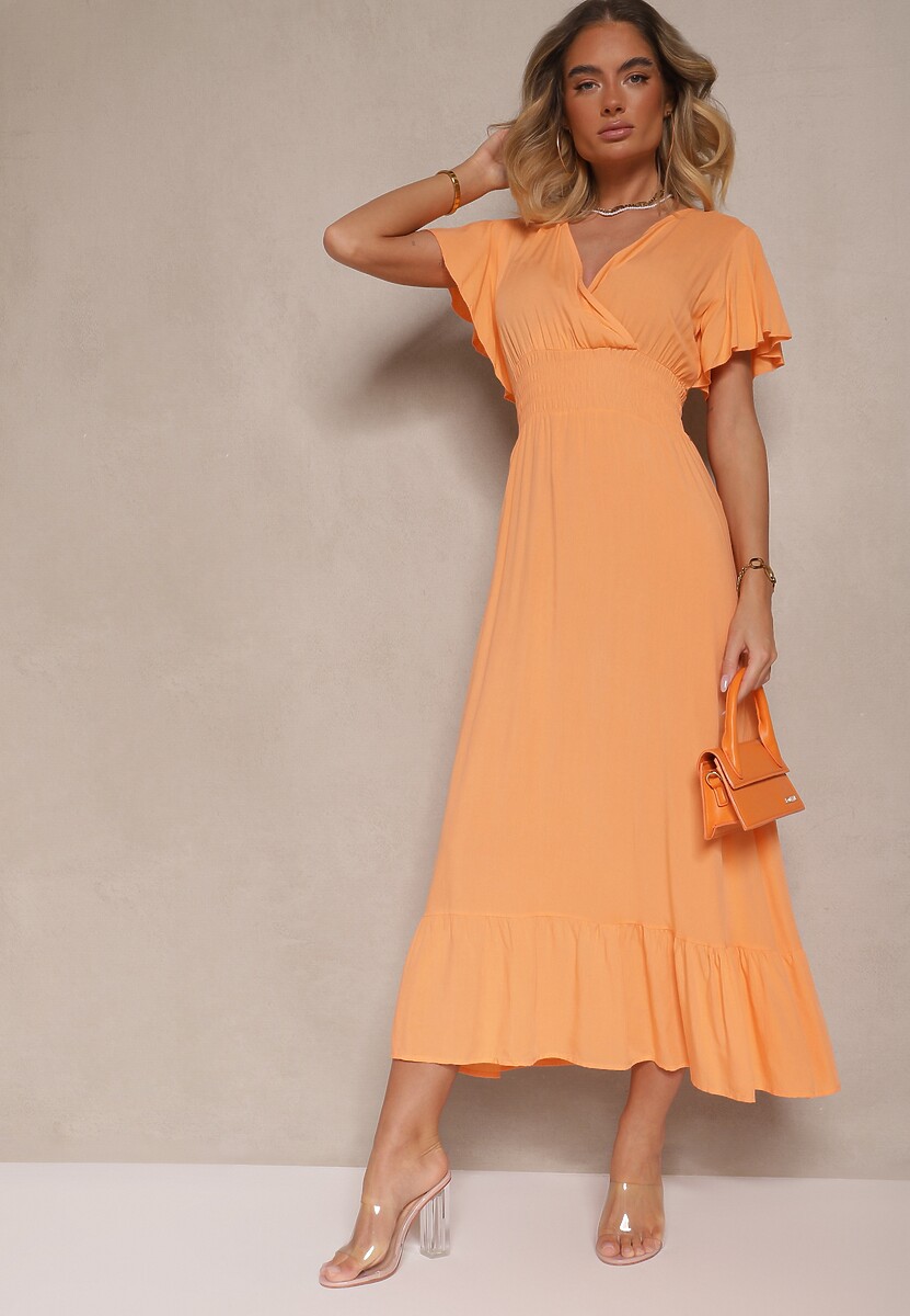Pomarańczowa Rozkloszowana Sukienka z Wiskozy z Kopertowym Dekoltem Rellrive