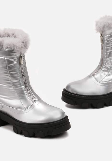 Srebrne Śniegowce z Lakierowanej Ekoskóry z Suwakiem i Futerkiem Cyrena