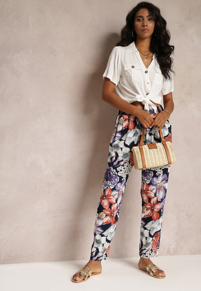 Granatowe Spodnie w Kwiaty z Gumką w Pasie i Prostymi Nogawkami Flosene