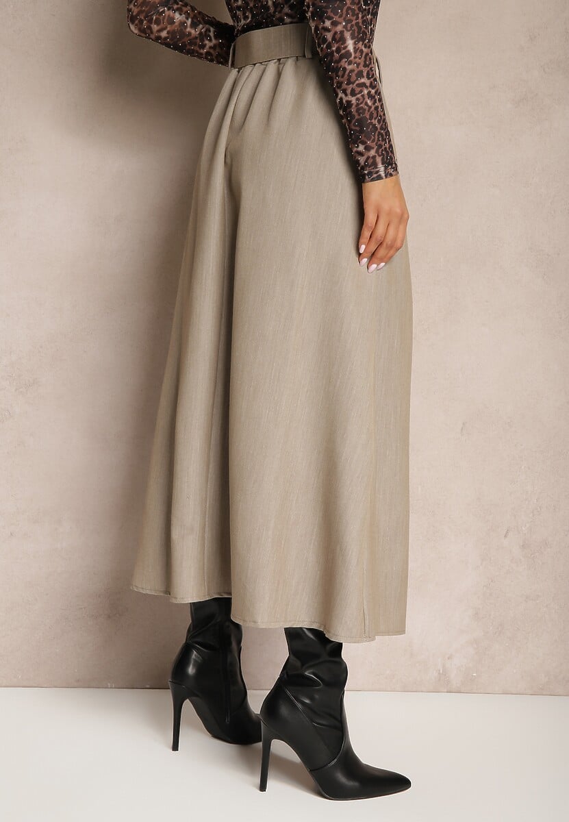 Ciemnobeżowa Spódnica z Wiskozą o Rozkloszowanym Kroju z Paskiem i Gumką w Talii Prianna