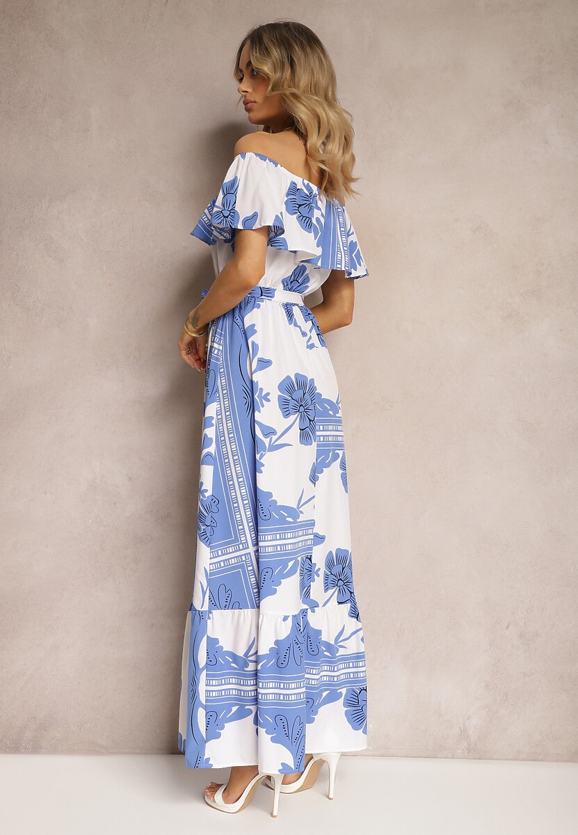 Niebiesko-Biała Hiszpanka Sukienka z Gumką w Talii i Materiałowym Paskiem z Falbankami Xoneri