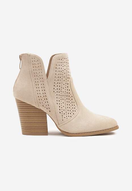 Beżowe Botki na Słupku Ozdobione Wycięciem z Boku Dolirista