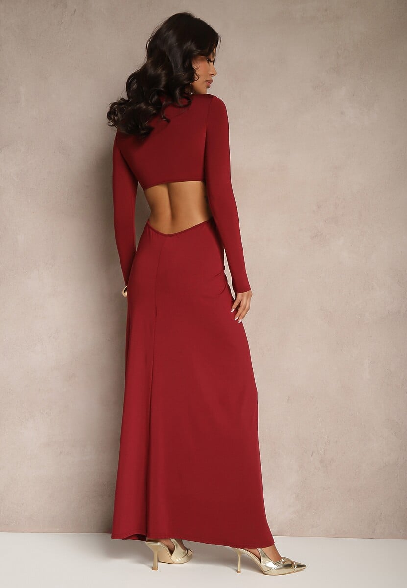 Bordowa Koktajlowa Sukienka z Wiskozą Ozdobiona Kwiatem 3D i Wycięciami Hannith