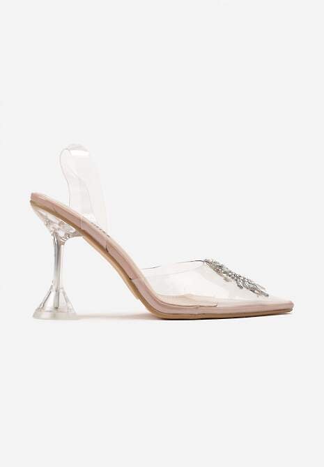 Beżowe Sandały Transparentne z Cyrkoniami i Obcasem w Typie Klepsydry Vlekoria