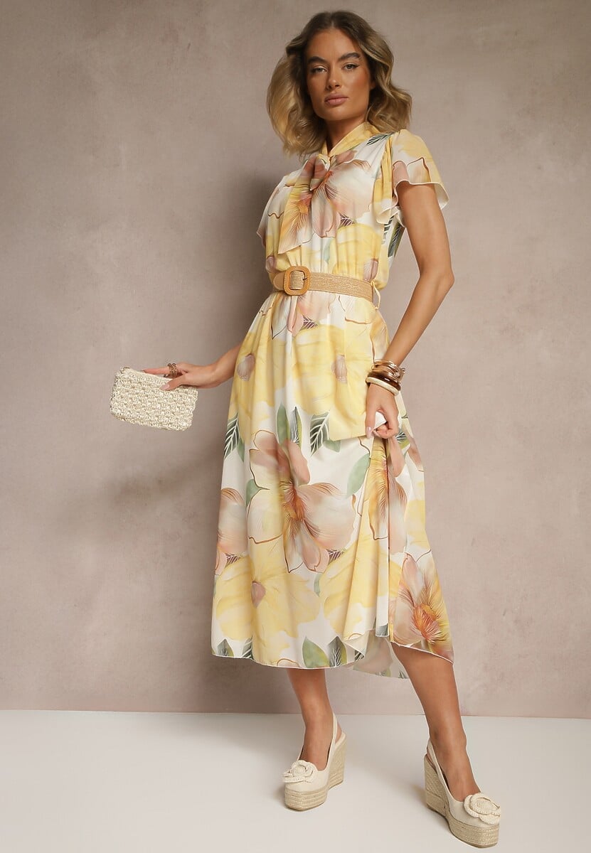Żółta Rozkloszowana Sukienka Zdobiona Wiązaniem i Paskiem z Klamrą Sorisse
