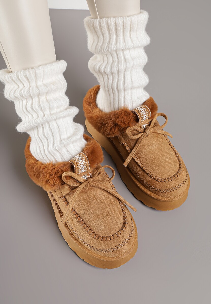 Brązowe Rustykalne Śniegowce z Niską Cholewką Zdobione Futrem i Kokardą Tuspena