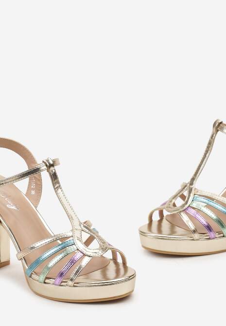 Złote Sandały na Słupku i Niskiej Platformie Xalena