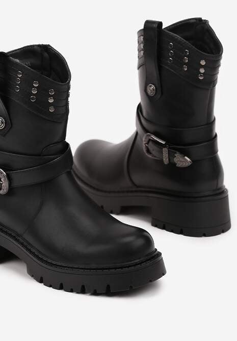 Czarne Botki w Stylu Motocyklowym z Klamrą i Nitami Erithany