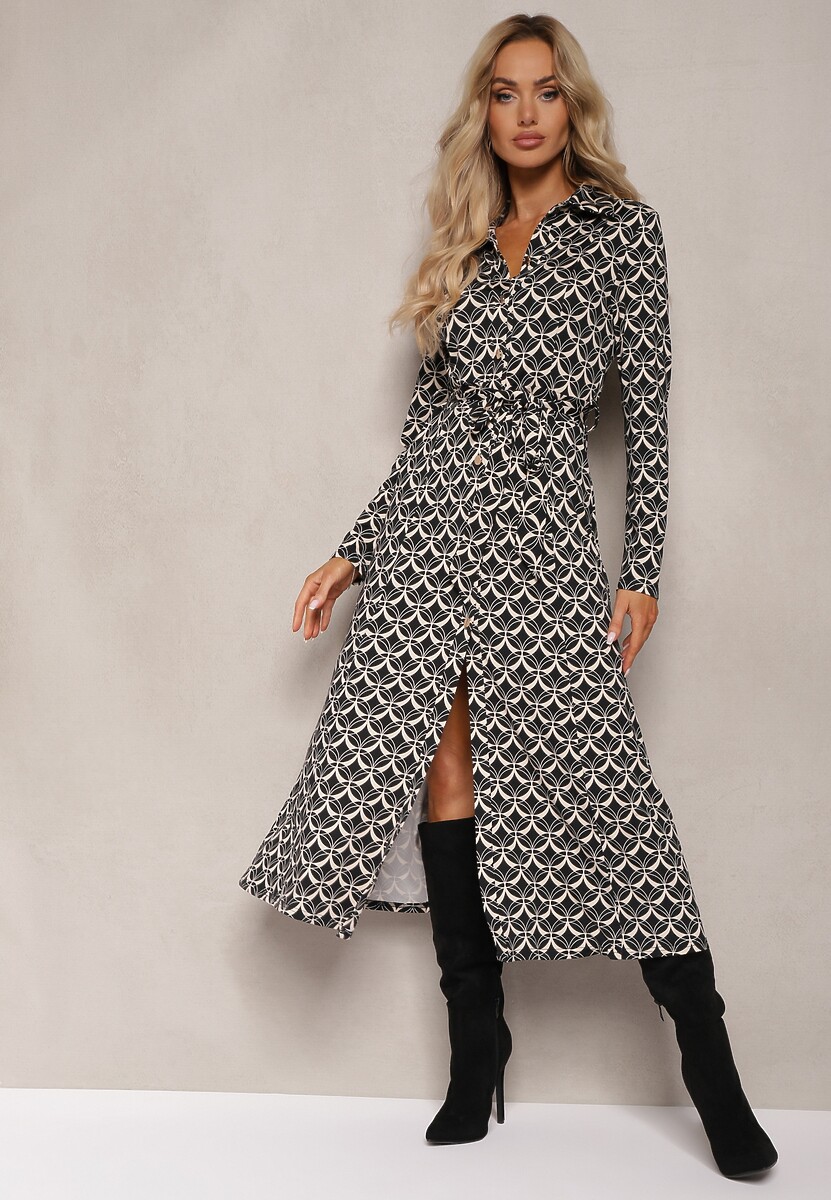 Brązowa Koszulowa Sukienka Midi Ozdobiona Geometrycznym Wzorem i Wiązanym Paskiem Aripel