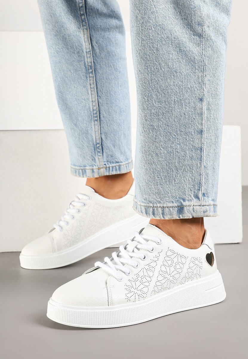 Białe Sneakersy z Wkładką ze Skóry Naturalnej Ozdobione Cyrkoniami i Sercem Tiralia