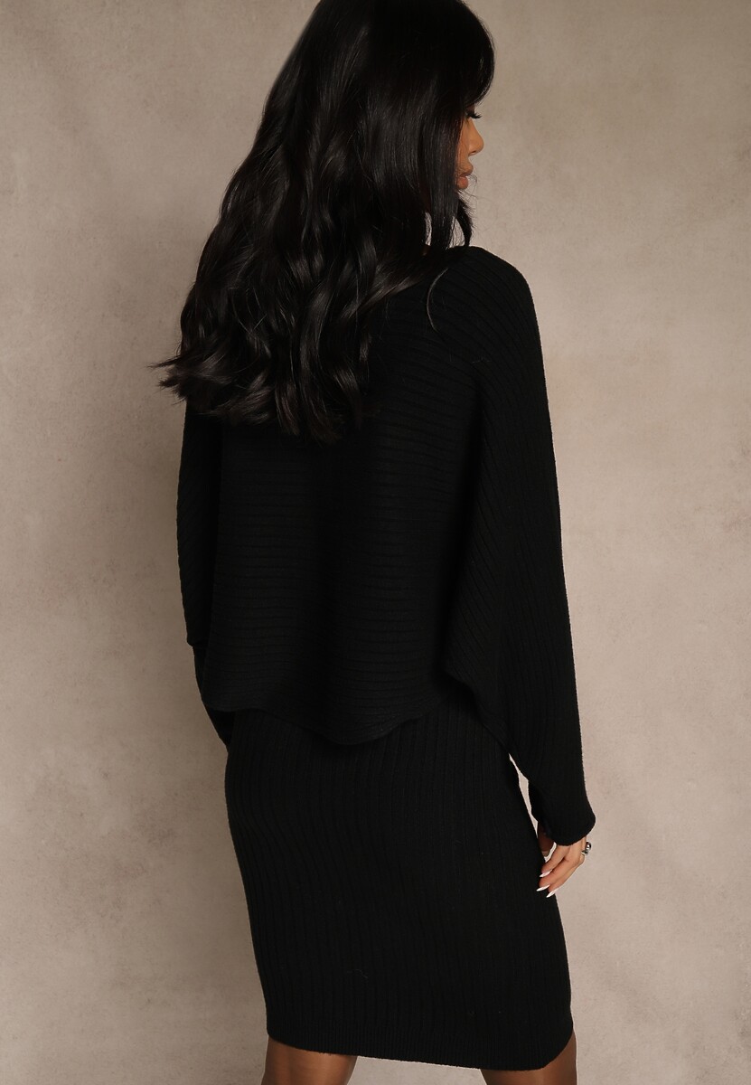 Czarny Prążkowany Komplet z Dzianiny Sukienka Bodycon i Sweter Nietoperz Wediana