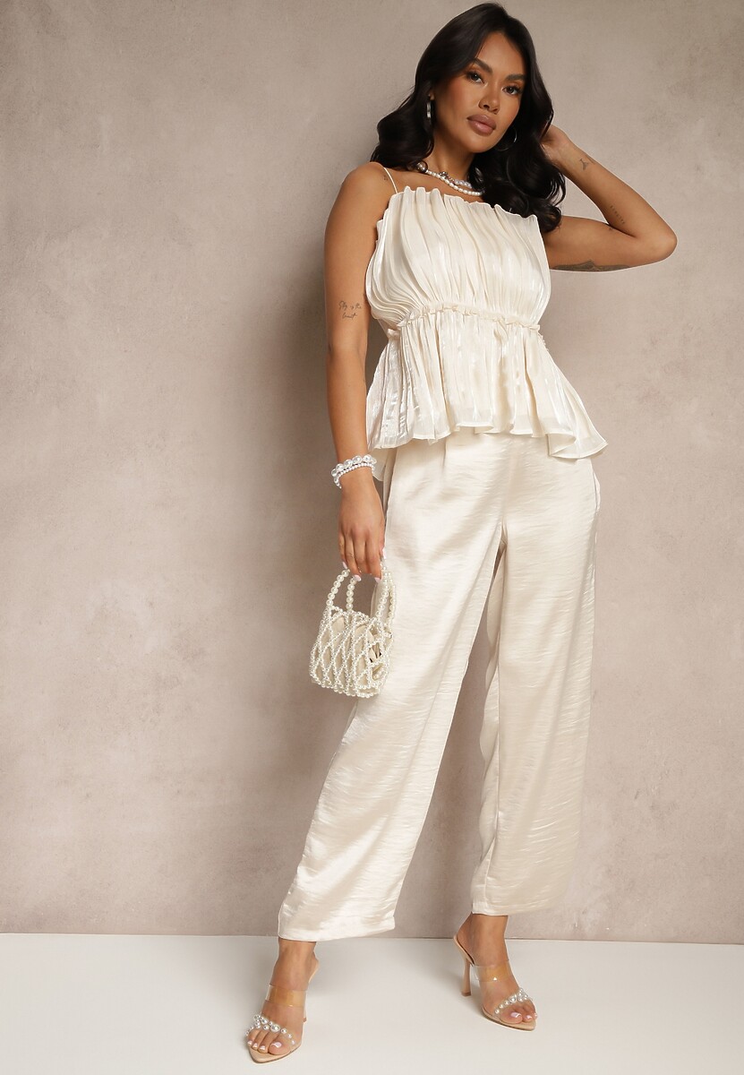 Beżowe Eleganckie Spodnie o Szerokim Kroju z Satynowym Połyskiem Lionea