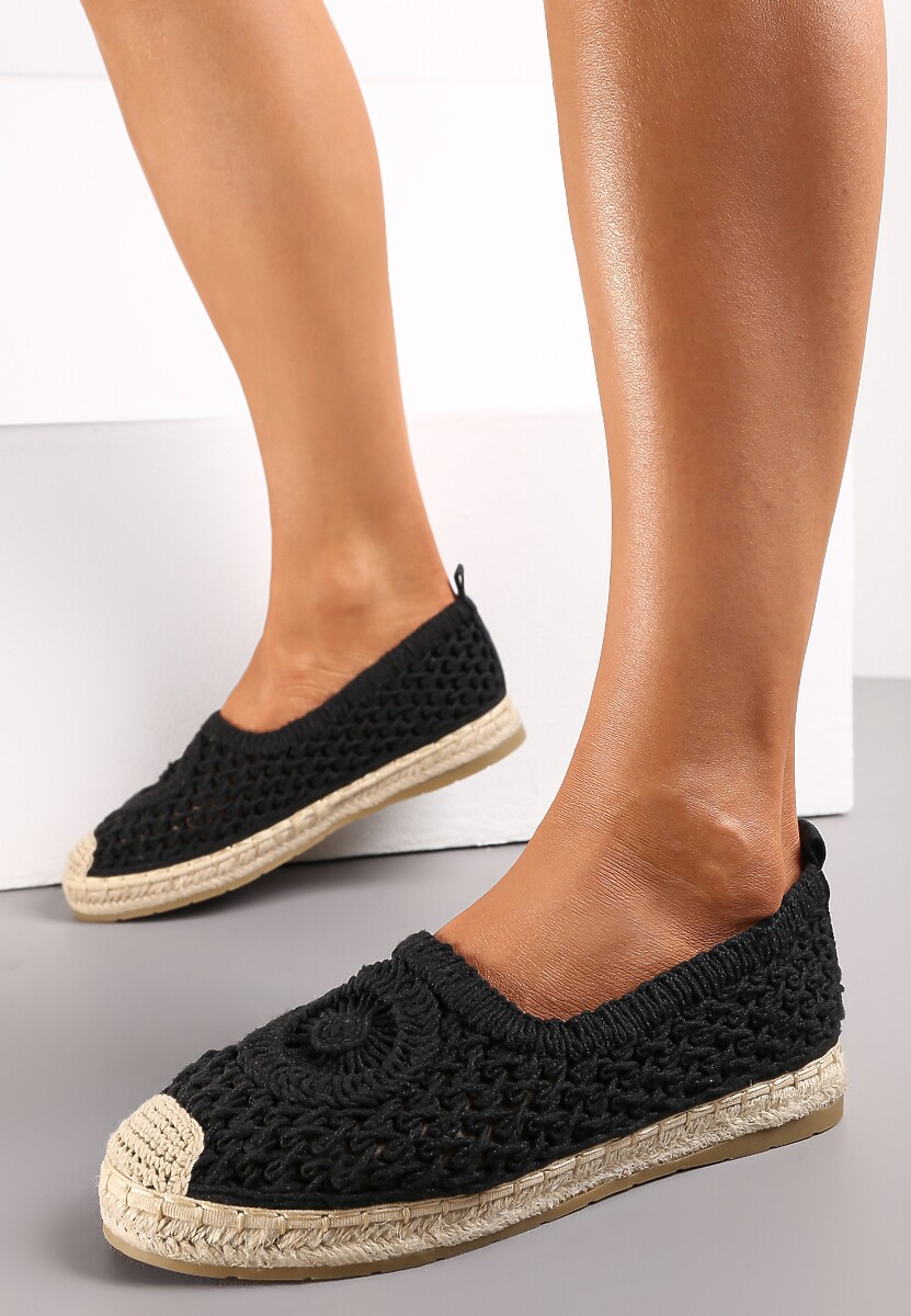 Czarne Espadryle na Plecionej Podeszwie z Ażurową Cholewką przed Kostkę Olloh