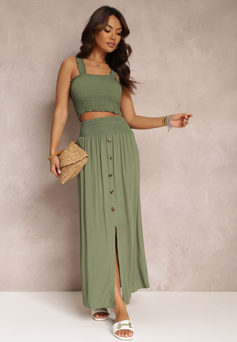 Ciemnozielony 2-częściowy Bawełniany Komplet z Długą Spódnicą i Elastycznym Topem Diomastis
