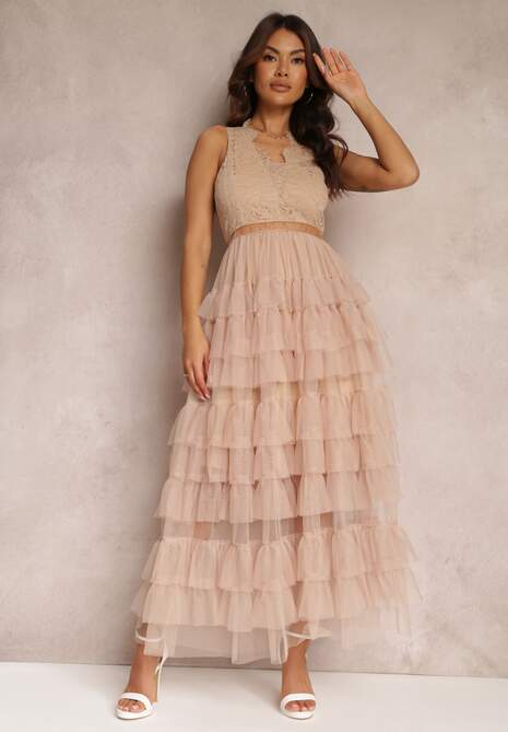 Beżowa Sukienka Koktajlowa z Koronkową Górą i Rozkloszowanym Tiulowym Dołem Venisa