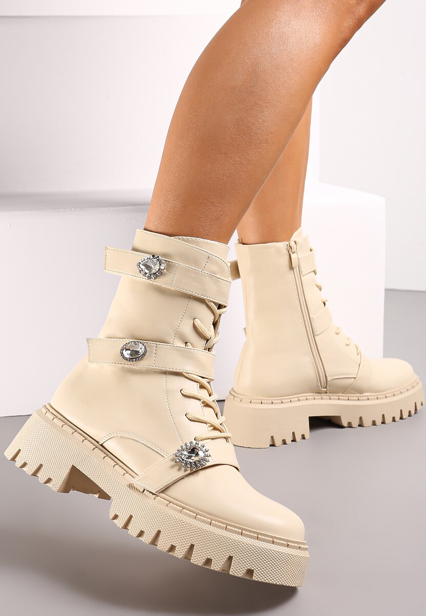 Beżowe Workery Botki z Rzepami Ozdobione Klamerkami z Cyrkonami Sotina