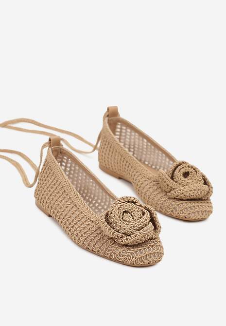 Brązowe Balerinki Vices z Plecionki Zdobione Wiązaniem i Aplikacją Erezelia