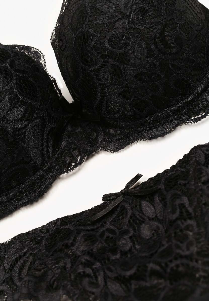 Czarny Komplet Bielizny z Koronką i Kokardkami Biustonosz i Stringi Nasorinne