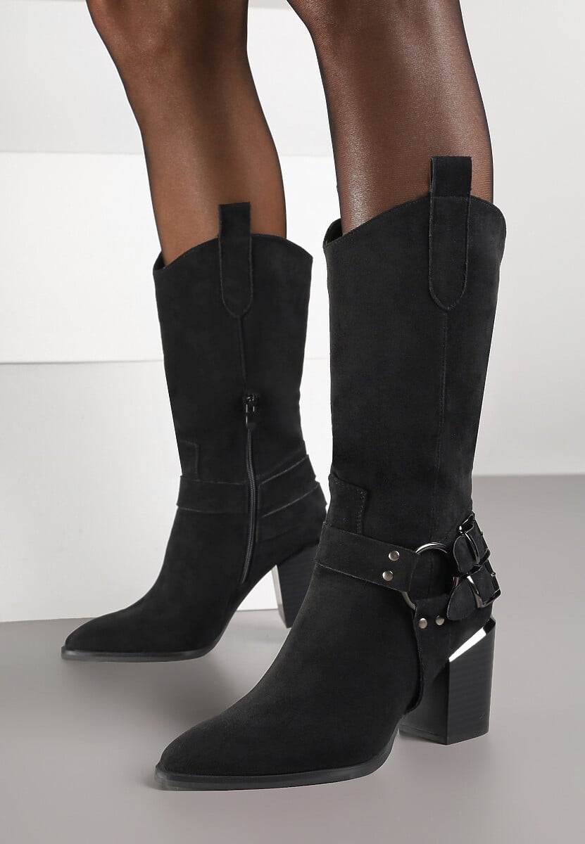 Czarne Kozaki Kowbojki w Stylu Bikerów na Słupku Ansabelle