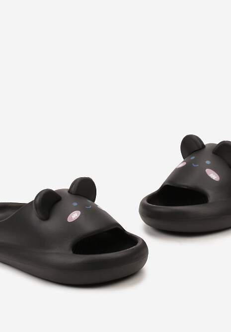 Czarne Klapki z Lekkiej Pianki z Uszkami i Uroczym Zwierzakiem Vidialla