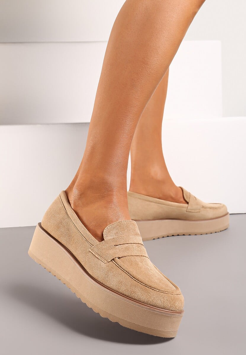 Ciemnobeżowe Półbuty w Stylu Mokasynów z Imitacji Zamszu na Platformie Vhisper