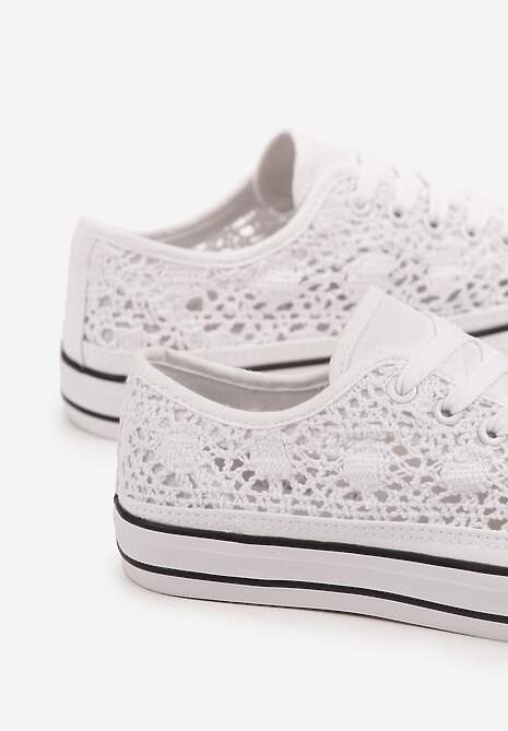 Biało-Czarne Ażurowe Trampki pod Kostkę ze Sznurowaniami Zelimia