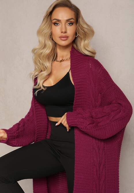 Ciemnofioletowy Długi Kardigan z Ozdobnym Szerokim Splotem Havsana