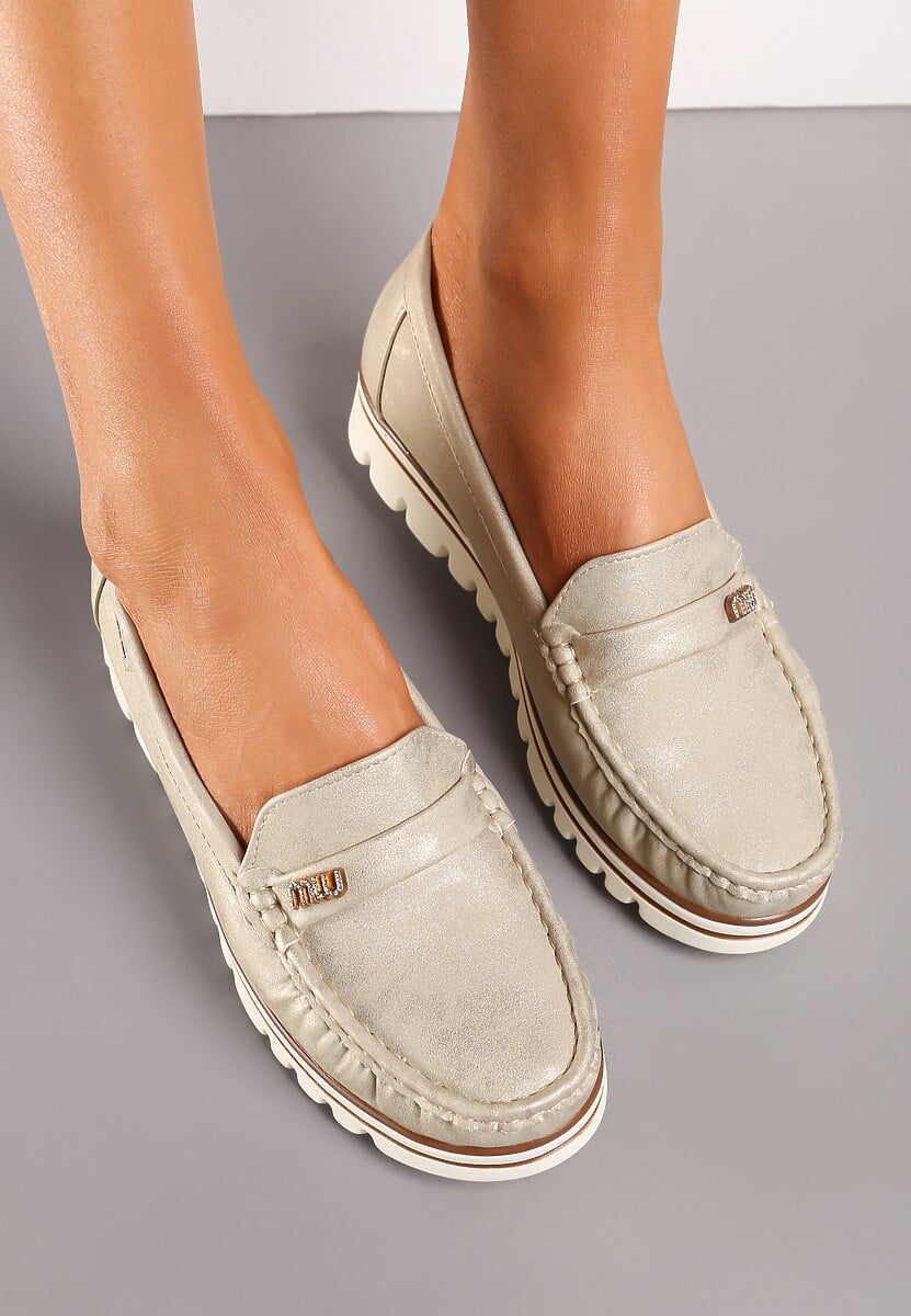 Złote Mokasyny z Wkładką ze Skóry Naturalnej Buildesa