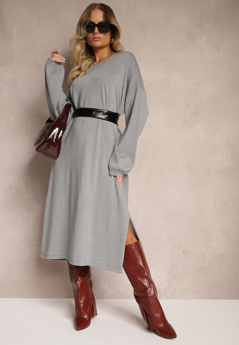 Zielona Sukienka z Wiskozą o Pudełkowym Kroju z Metaliczną Nicią i Szerokimi Rękawami Arkina