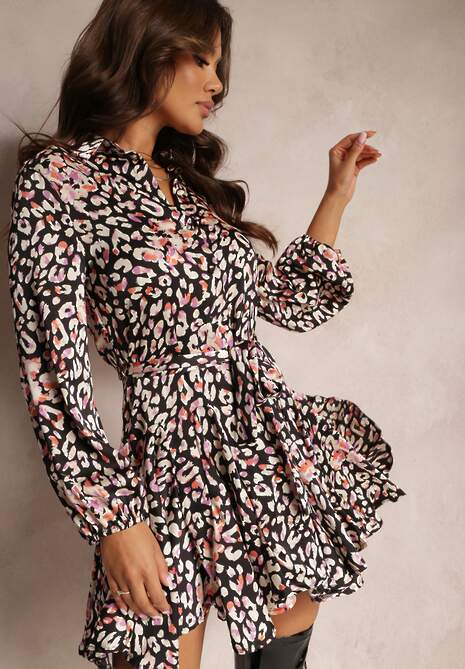 Czarna Rozkloszowana Sukienka Koszulowa z Wiązanym Paskiem Shesh