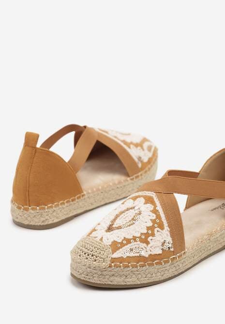 Jasnobrązowe Haftowane Espadryle z Elastycznymi Paskami na Podeszwie z Plecionki Fodamira