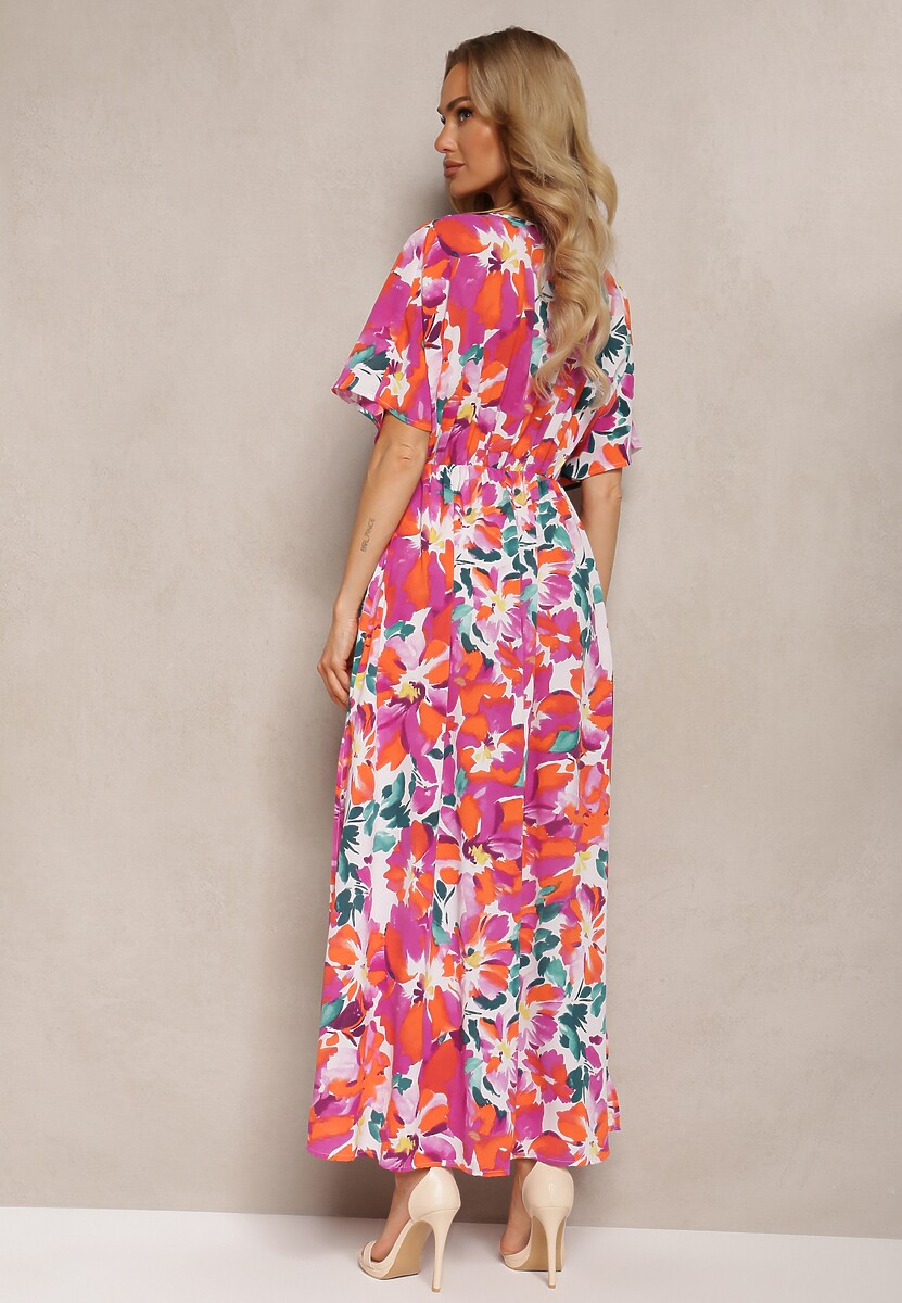 Biało-Różowa Kwiecista Sukienka o Rozkloszowanym Fasonie z Rozcięciami po Bokach Moariel