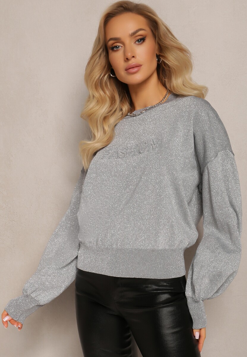 Szary Klasyczny Sweter z Metaliczną Nitką i Napisem Actylia