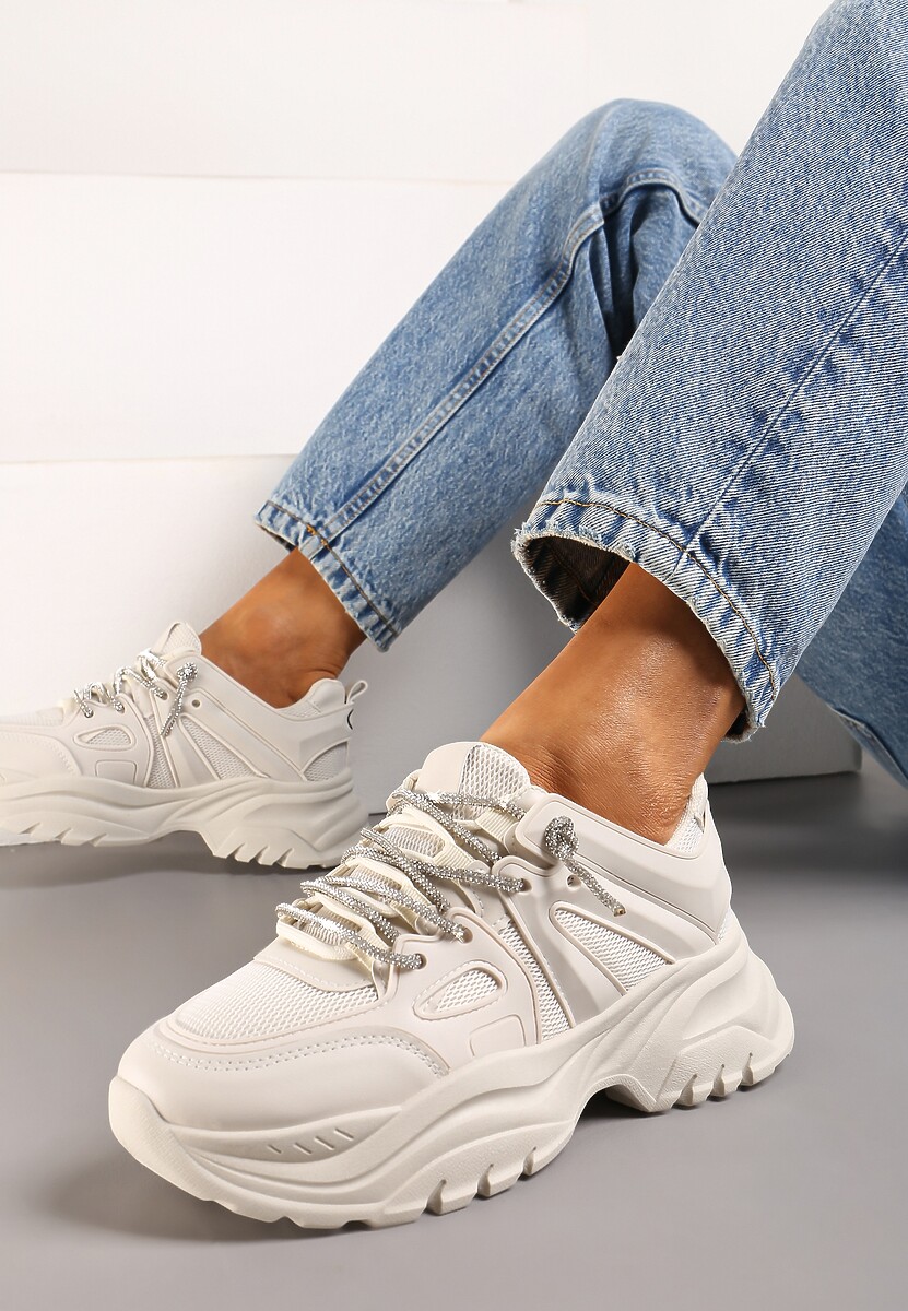 Beżowe Sneakersy na Nieregularnej Grubej Podeszwie z Cyrkoniami  Adirka