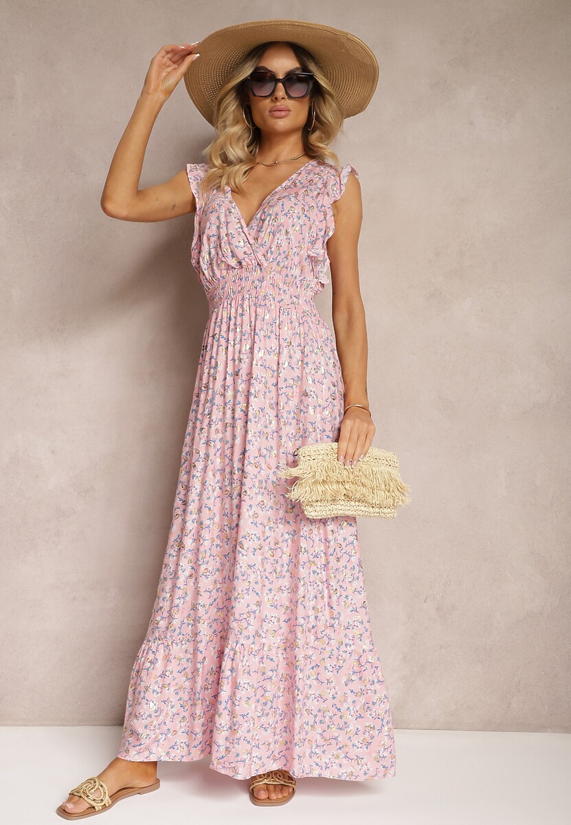 Różowa Sukienka z Wiskozy o Rozkloszowanym Kroju z Gumką w Pasie i Falbankami Xardia