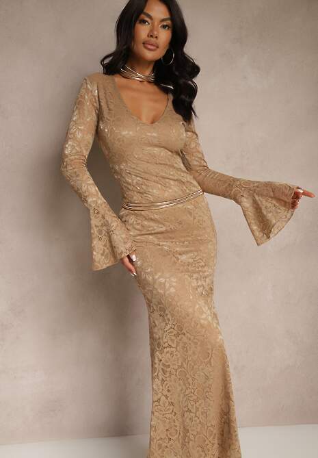 Beżowa Dopasowana Sukienka Zdobiona Koronką z Rozszerzanym Dołem Hannalis