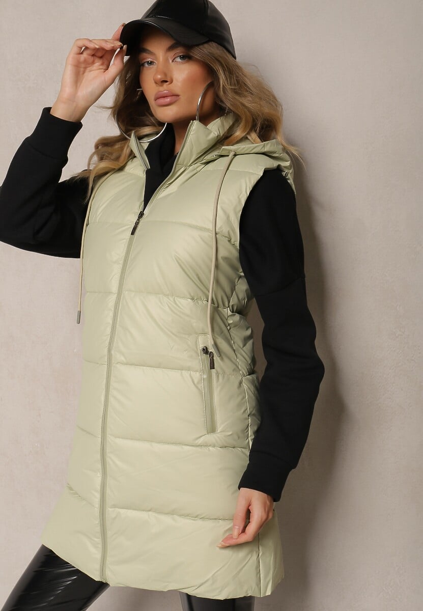 Jasnozielona Taliowana Kamizelka Przejściowa z Pikowanymi Przeszyciami i Kapturem Tintella