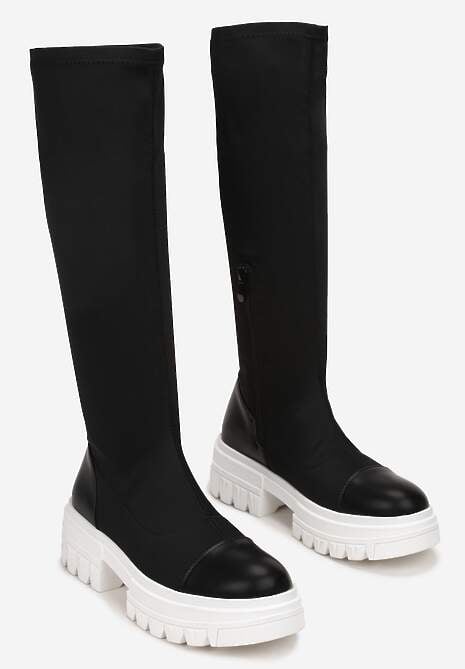 Czarno-Białe Kozaki z Dopasowaną Cholewką na Grubej Podeszwie Gode