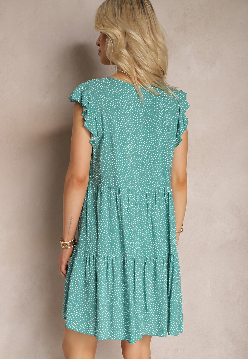 Zielona Rozkloszowana Sukienka z Bawełny w Kropki z Trójkątnym Dekoltem Riessa