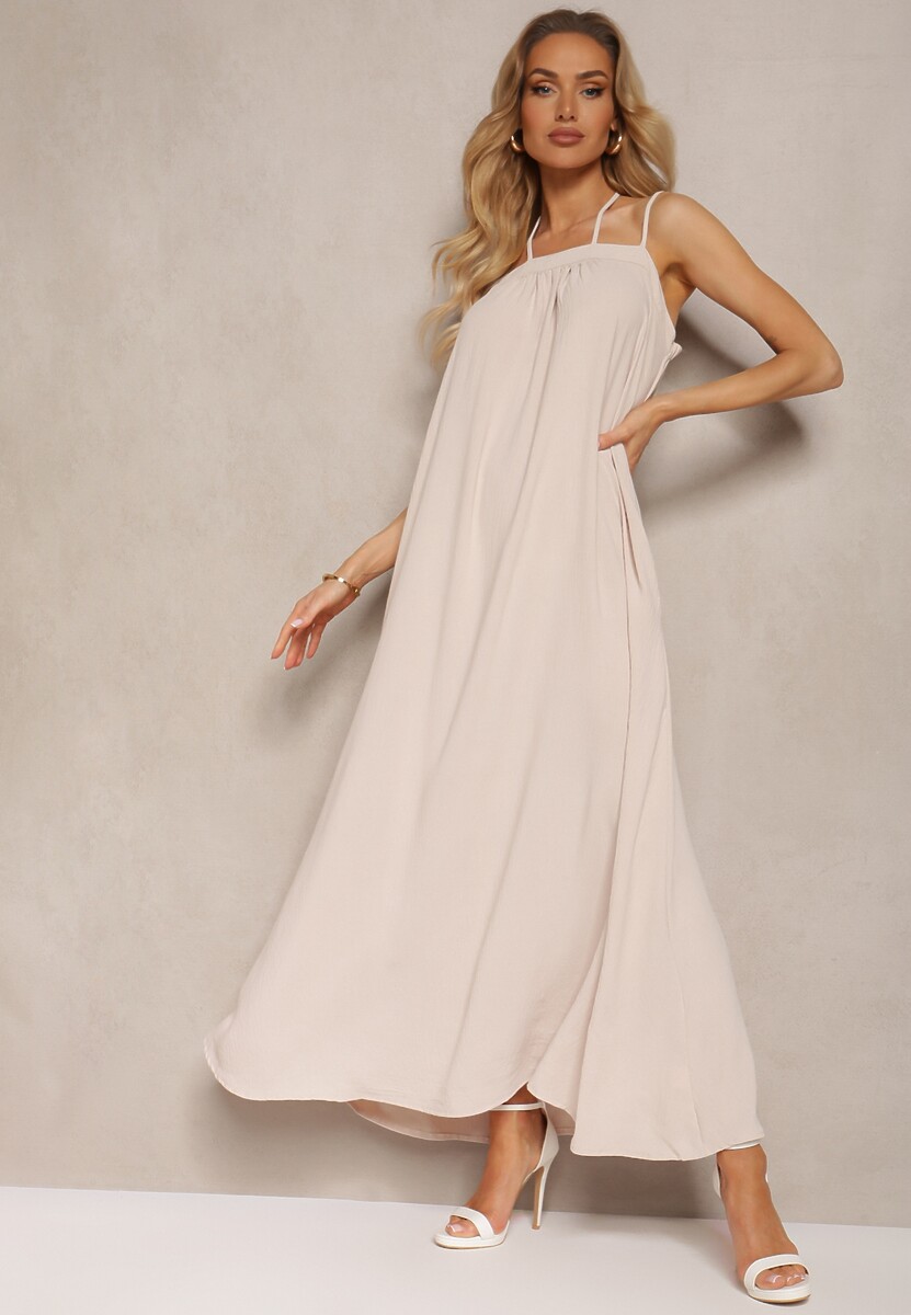 Biała Sukienka z Regulowanymi Ramiączkami i Wiązaniem przy Szyi Qloenma