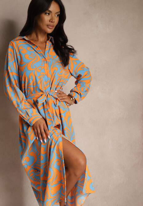 Niebiesko-Pomarańczowa Sukienka Koszulowa Maxi z Materiałowym Paskiem w Abstrakcyjny Print Lirans