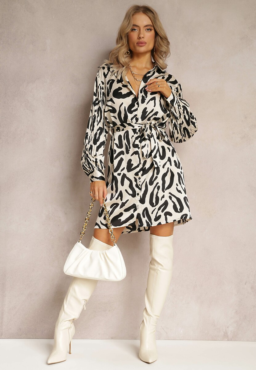 Beżowa Koszulowa Sukienka z Plisowanymi Wstawkami i Materiałowym Paskiem Lizza