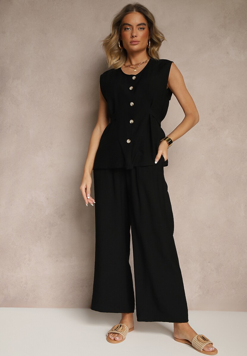 Czarny Komplet Spodnie i Bluzka z Regulacją w Talii Zapinana na Guziki Dovanelle