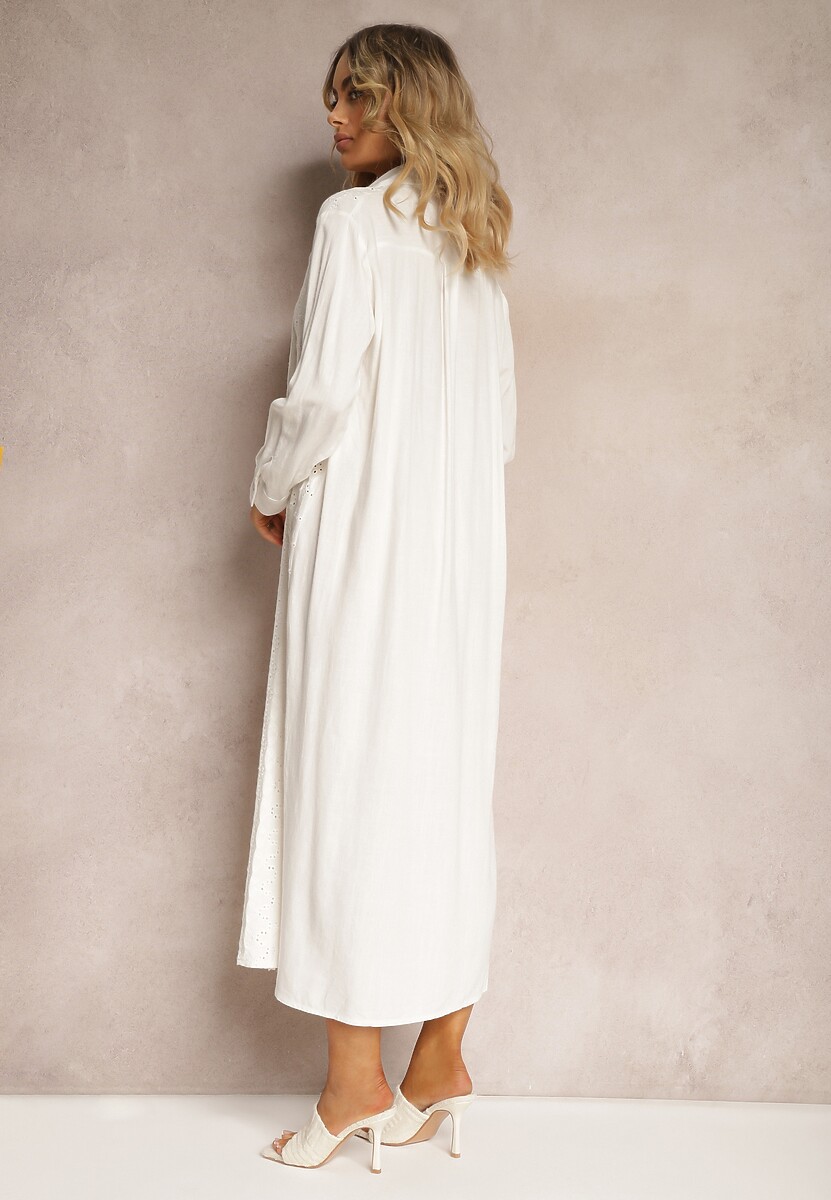 Biała Ażurowa Sukienka o Koszulowym Kroju z Wiskozy i Lnu z Rozcięciami i Guzikami Sannesti