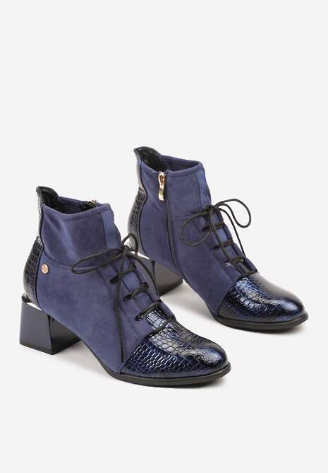Niebieskie Botki Typu Trzewiki Vices na Słupku Ozdobione Lakierowanymi Elementami Adenella