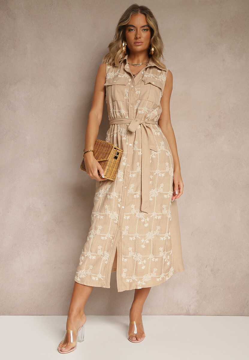 Ciemnobeżowa Sukienka Koszulowa z Wiązanym Paskiem i Haftowanym Zdobieniem Malenea