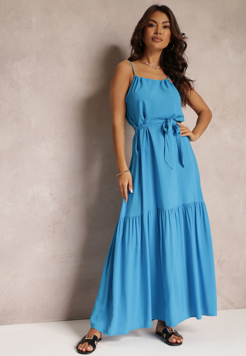 Niebieska Rozkloszowana Sukienka na Ramiączkach z Wiązanym Paskiem Diadite