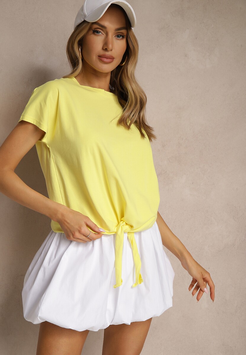 Żółty Bawełniany T-shirt Wiązany u Dołu Sunalina