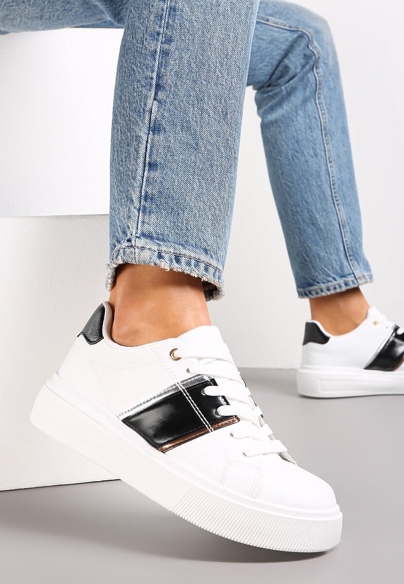 Biało-Czarne Sneakersy na Niskiej Platformie z Metalicznymi Wstawkami Tommu
